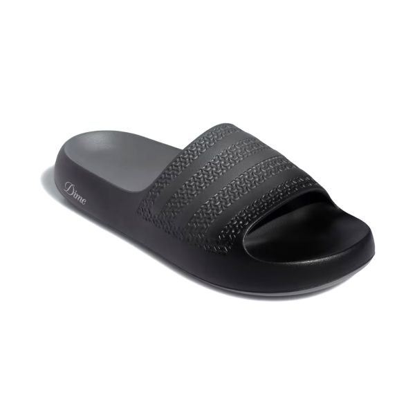Dime x adidas Ayoon Slides. Core Black Vista Grey Gold Metallic